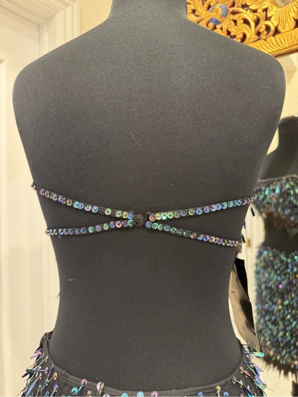 Hand beaded Sequin Fringe feathers Strapless top & Mini Skirt - Black iridescent